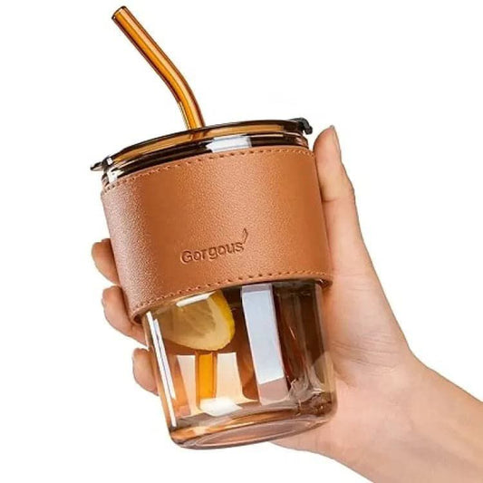 Glass Tumbler with Straw and Lid with Leather Protective Sleeve, for Coffee Tea