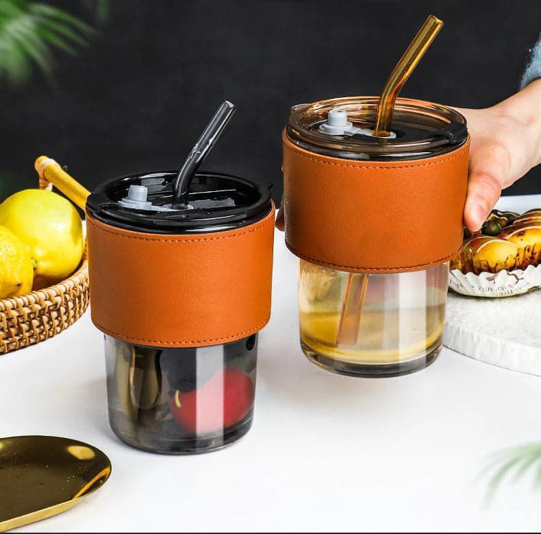 Glass Tumbler with Straw and Lid with Leather Protective Sleeve, for Coffee Tea