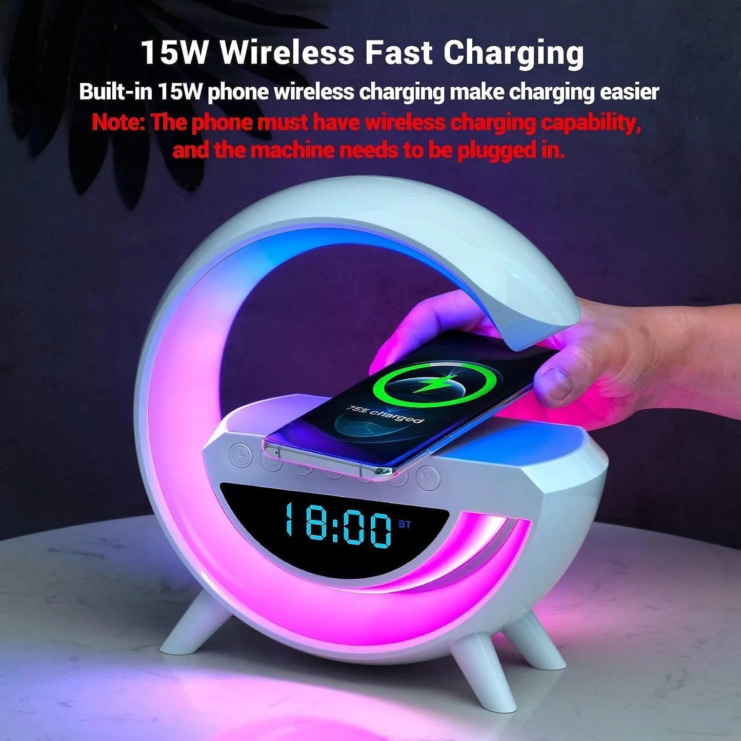 LED Display Wireless Phone Charger Bluetooth Speaker With Seven Colour Selections, Alarm Clock, FM Radio