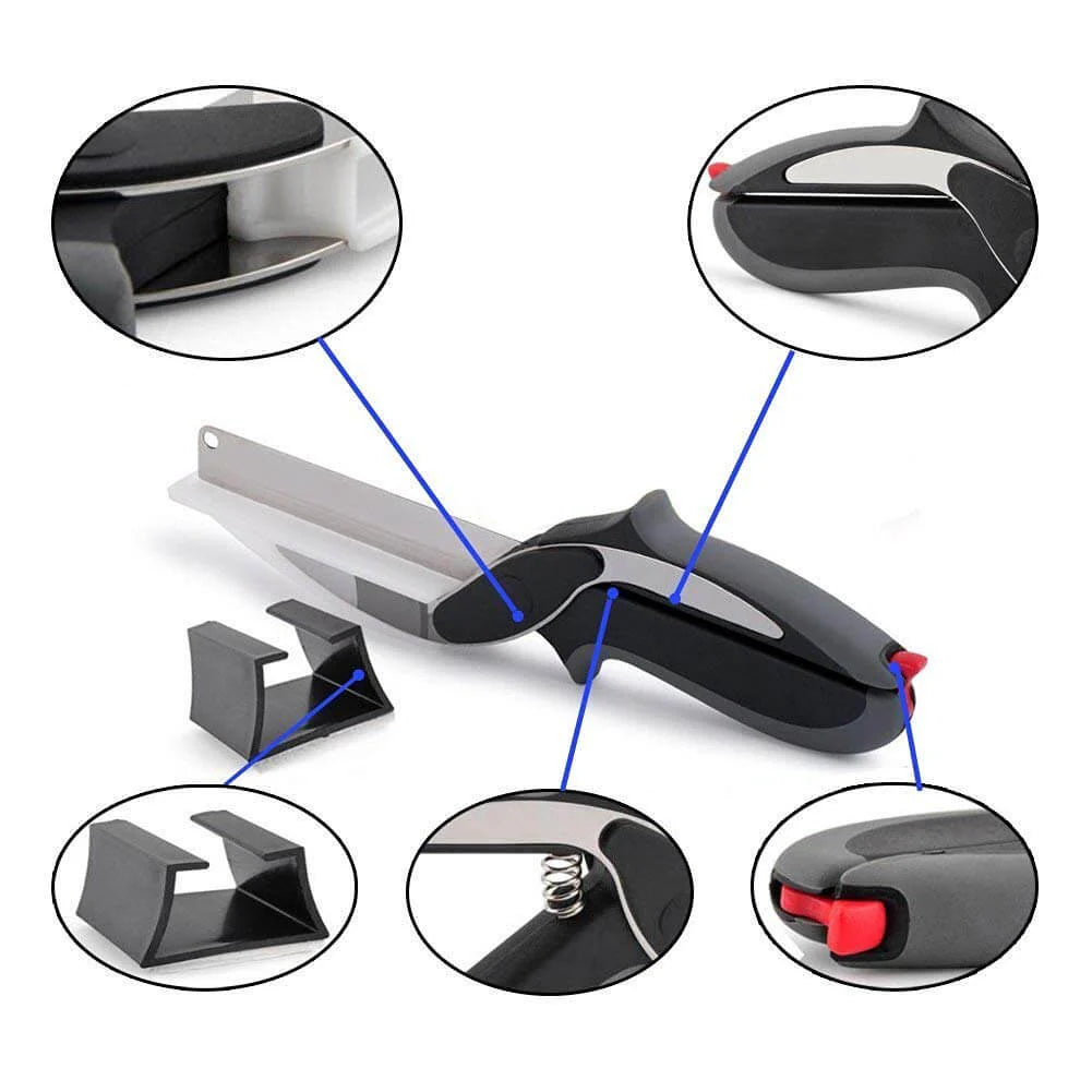 Clever Cutter, Food Scissors with Cutting Board, Smart Multi Function 2 in 1 Stainless Steel Clever Cutter and Safety Buckle, Built-in-Use for Quick and Easy Cutting as Food Shears, Vegetable Slicer, Fruit Cutter