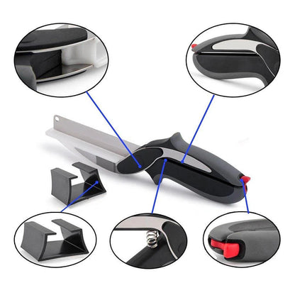 Clever Cutter, Food Scissors with Cutting Board, Smart Multi Function 2 in 1 Stainless Steel Clever Cutter and Safety Buckle, Built-in-Use for Quick and Easy Cutting as Food Shears, Vegetable Slicer, Fruit Cutter