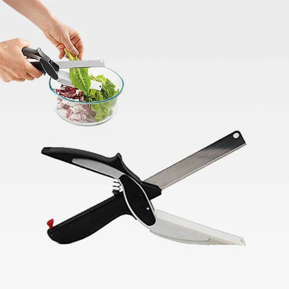 Clever Cutter, Food Scissors with Cutting Board, Smart Multi Function 2 in 1 Stainless Steel Clever Cutter and Safety Buckle, Built-in-Use for Quick and Easy Cutting as Food Shears, Vegetable Slicer, Fruit Cutter
