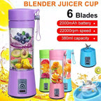 Portable Blender Juicer Cup – 6 Blades, 2000mAh Rechargeable Battery, 22000 RPM, 380ml Capacity, Smoothie & Juice Maker