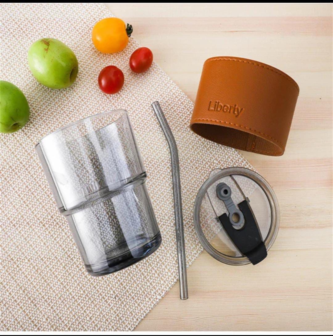 Glass Tumbler with Straw and Lid with Leather Protective Sleeve, for Coffee Tea